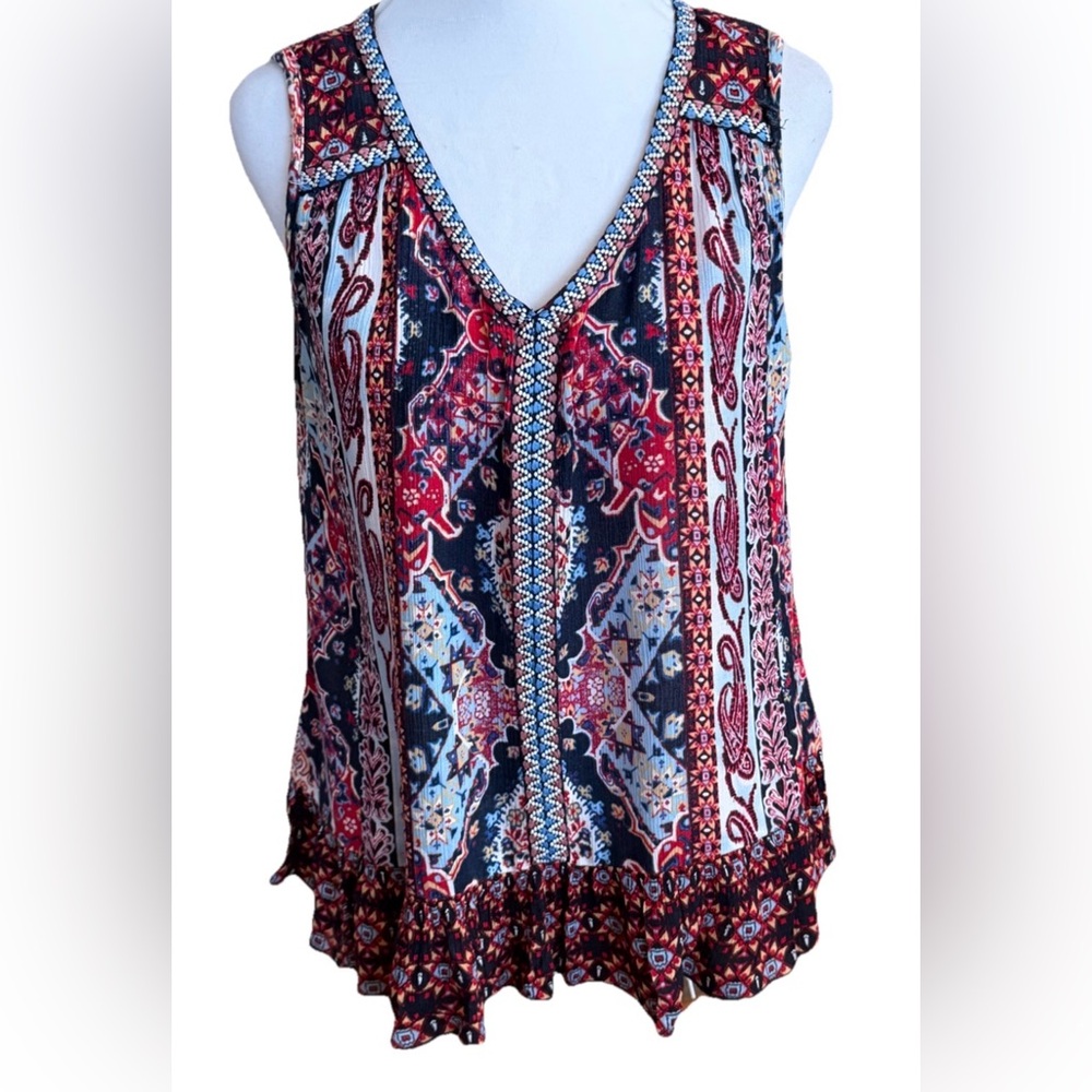 BILA Red White + Blue Gauze V-Neck Ruffle Tank Top Boho Blouse Size Small